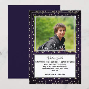 INVITATION MODERNE MALE GRAD STARS BLEU FÊTE DE DIPLÔME
