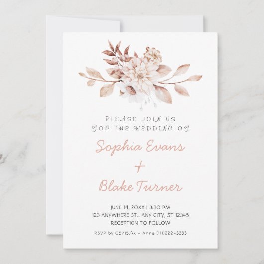 Invitation Moderne Mariage Blanc Floral Rustique Douce (Devant)