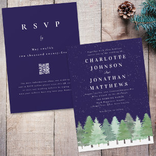 Invitation Moderne Mariage Code QR Bleu Nuit Bois d'Hiver