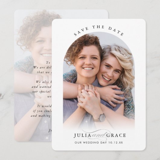 Invitation MODERNE MARIAGE couple photo arche cadre calligrap (Devant / Derrière)