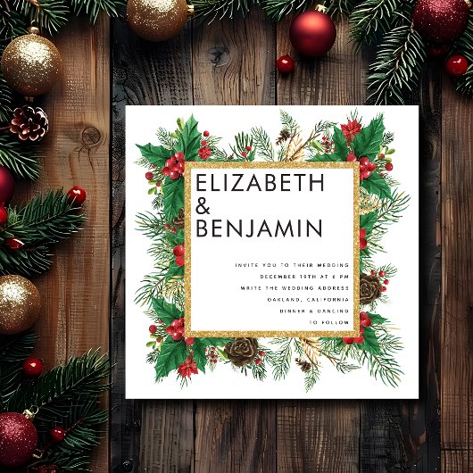 Invitation Moderne Mariage de Noël Code Qr Or Pin Gras
