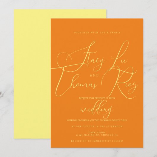 Invitation Moderne Mariage Écriture Orange Jaune Gras  (Devant / Derrière)