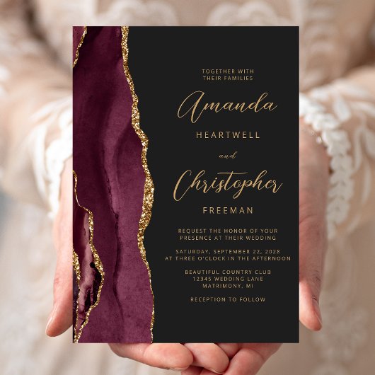 Invitation Moderne Mariage en Bourgogne Or Agate Script Ardoi