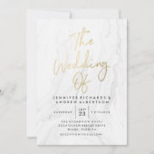 Invitation Moderne Mariage en Marbre Blanc et Écriture Dorée (Devant)