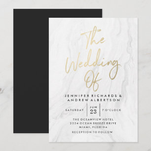 Invitation Moderne Mariage en Marbre Blanc et Écriture Dorée 