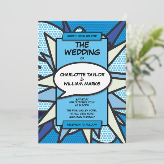Invitation Moderne Mariage Fun Designer Blue Comic Book (Debout devant)