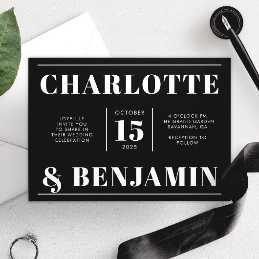 Invitation Moderne Mariage Horizontal Blanc Et Noir Gras
