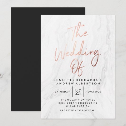 Invitation Moderne Mariage Or Rose Marbre Blanc | Écriture (Devant / Derrière)