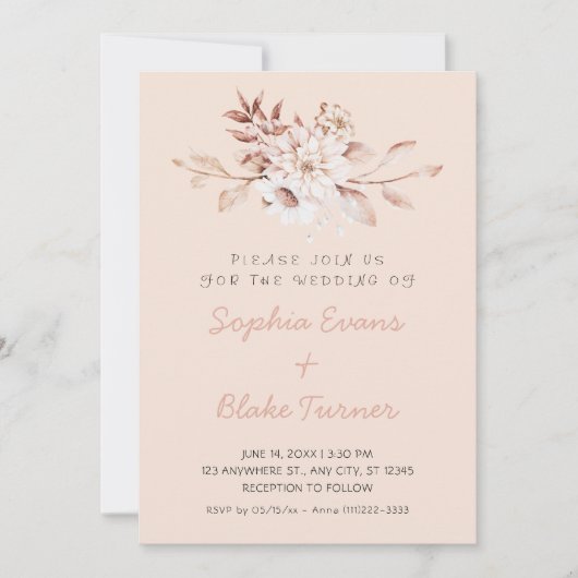 Invitation Moderne Mariage Rustique Douce Florale Rose Crème (Devant)