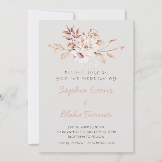 Invitation Moderne Mariage Rustique Fleurs Douces Gris Platin (Devant)