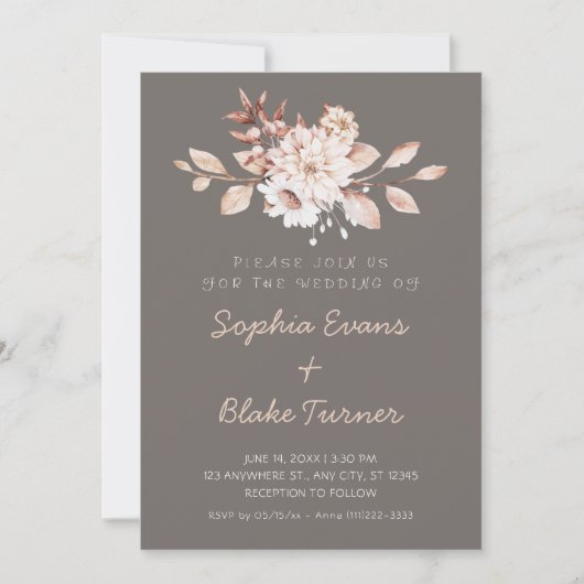 Invitation Moderne Mariage Rustique Fleurs Sombre Argent (Devant)
