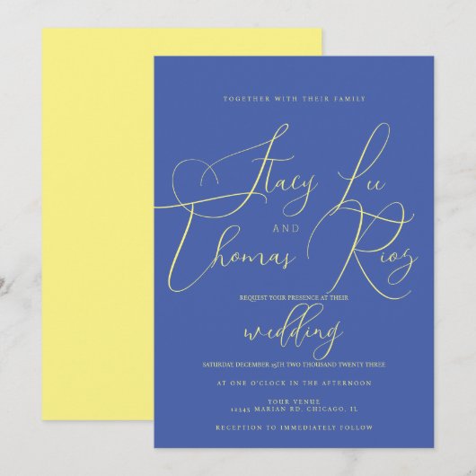 Invitation Moderne Mariage Script Jaune Bleu Gras Gras (Devant / Derrière)