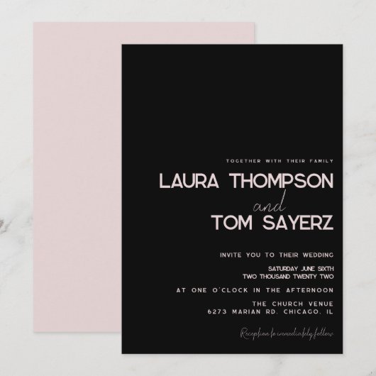 Invitation Moderne Mariage Simple Manuscrit Rose Noir (Devant / Derrière)