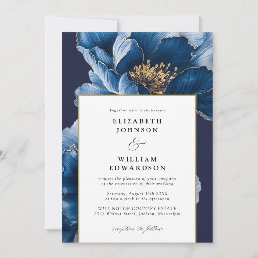Invitation Moderne Marine Bleu Et Or Floral Chic Mariage (Devant)