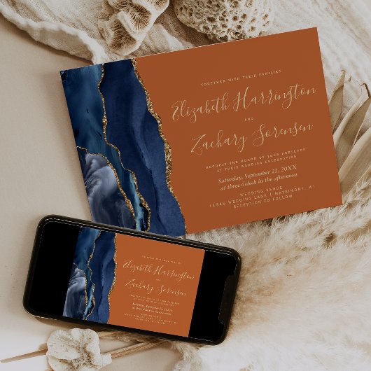 Invitation Moderne Marine Bleu Or Agate Brûlé Orange Mariage