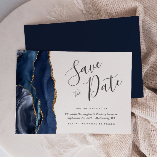 Invitation Moderne Marine Blue Gold Agate Enregistrer la date