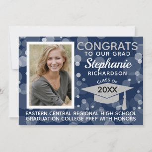 Invitation Moderne Marine Grey Bokeh Bubbles Photo Graduation