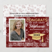 Invitation Moderne Maroon Gold Bokeh Bubbles Photo Graduation (Devant / Derrière)