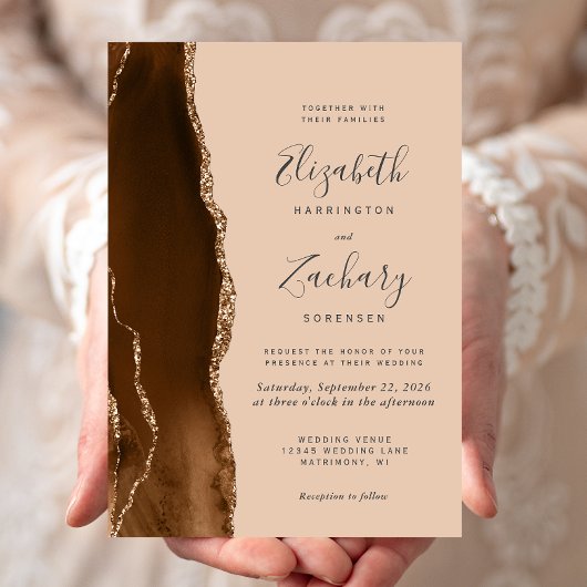 Invitation Moderne Marron Mocha Or Agate Tan Mariage