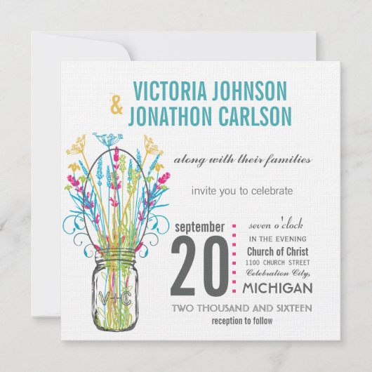 Invitation Moderne Mason Jar Aqua Lime jaune rose Floral (Devant)