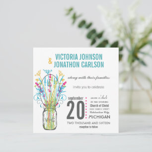 Invitation Moderne Mason Jar Aqua Lime jaune rose Floral