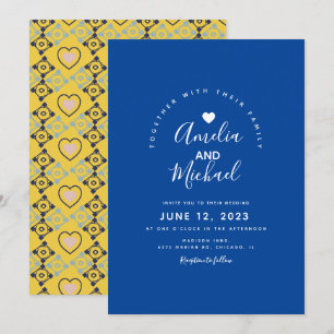 Invitation Moderne Méditerranéen Coeur Bleu Jaune Mariage