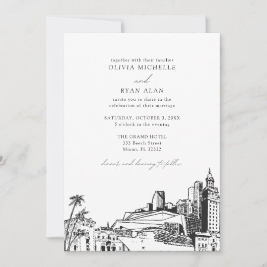 Invitation Moderne Miami Skyline Mariage noir et blanc (Devant)
