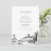 Invitation Moderne Miami Skyline Mariage noir et blanc (Debout devant)