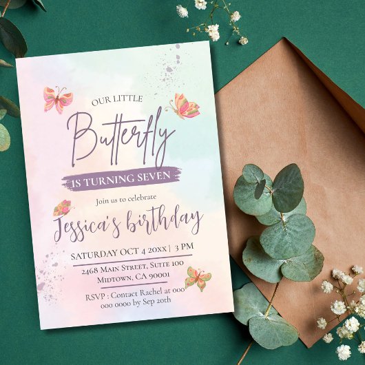 Invitation Moderne mignon élégant papillon thème 7ème anniver