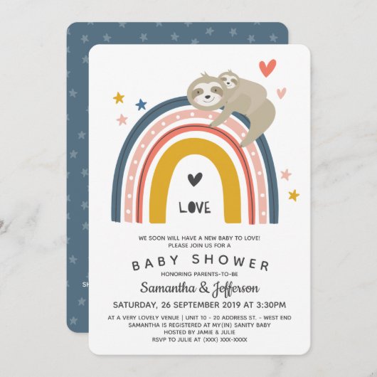 Invitation Moderne mignonne maman bébé Sloth Rainbow Baby sho (Devant / Derrière)