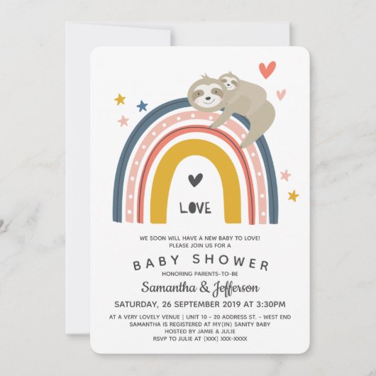 Invitation Moderne mignonne maman bébé Sloth Rainbow Baby sho (Devant)