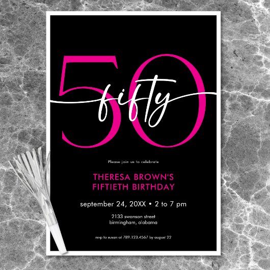 Invitation Moderne Mini Rose Cinquante Script Anniversaire