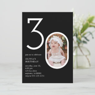 Invitation Moderne minimal 30e anniversaire fête chic noir