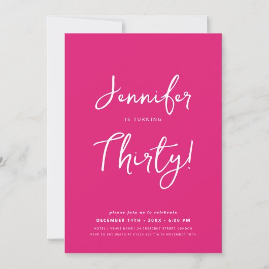 Invitation Moderne minimal 30e anniversaire Script Hot Pink (Devant)