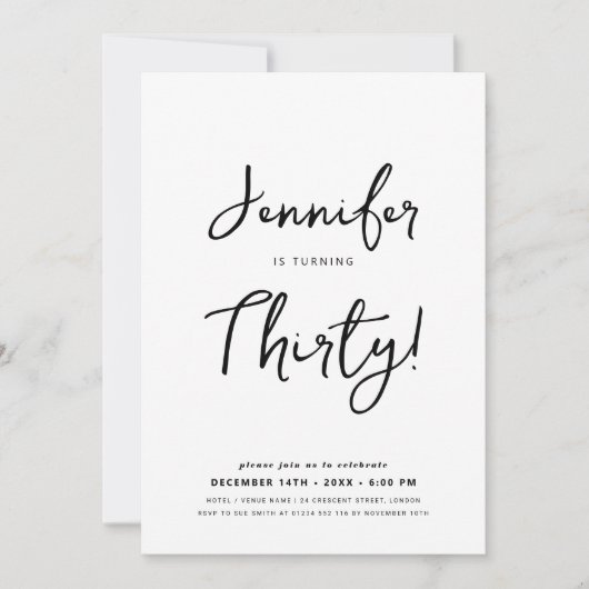 Invitation Moderne minimal 30e anniversaire Script noir et bl (Devant)