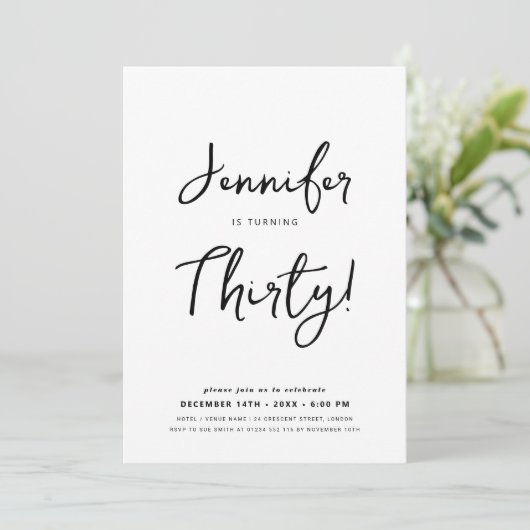 Invitation Moderne minimal 30e anniversaire Script noir et bl (Debout devant)