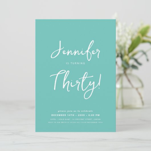 Invitation Moderne minimal 30e anniversaire Script Turquoise (Debout devant)