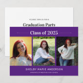 Invitation Moderne Minimal 3 Photos Purple Graduation (Devant / Derrière)