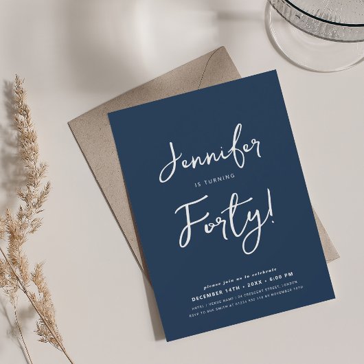 Invitation Moderne minimal 40e anniversaire Script Navy Blue