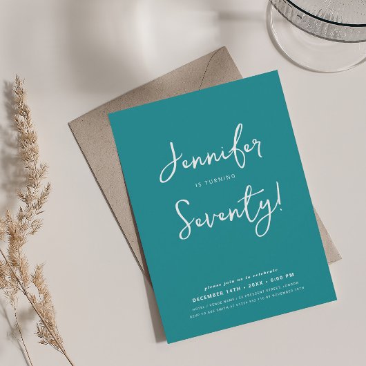 Invitation Moderne minimal 70e anniversaire Script Turquoise