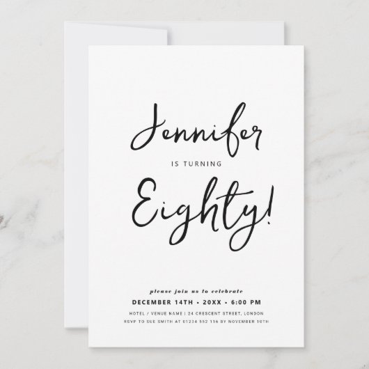 Invitation Moderne minimal 80e anniversaire Script noir et bl (Devant)