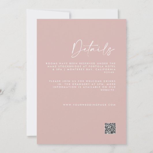 Invitation Moderne Minimal Mariage rose simple Détails QR Cod (Dos)