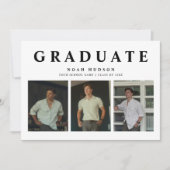 Invitation Moderne minimal noir & blanc 3 photo graduation (Devant)