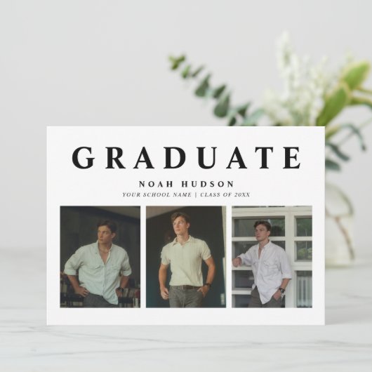 Invitation Moderne minimal noir & blanc 3 photo graduation (Debout devant)