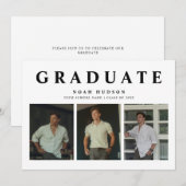 Invitation Moderne minimal noir & blanc 3 photo graduation (Devant / Derrière)