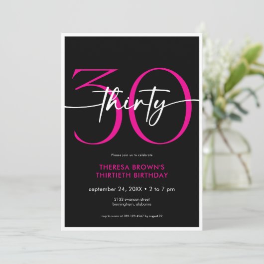 Invitation Moderne minimal rose 30 Script Anniversaire (Debout devant)