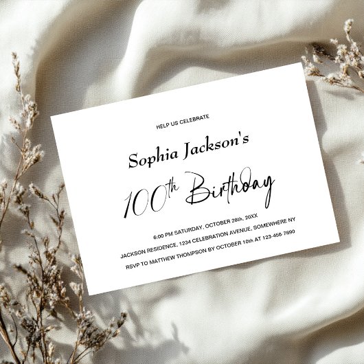 Invitation Moderne minimaliste 100e fête d'anniversaire