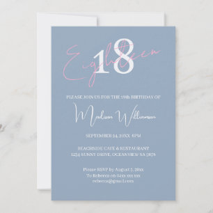 Invitation Moderne Minimaliste 18e Anniversaire Rose Bleu
