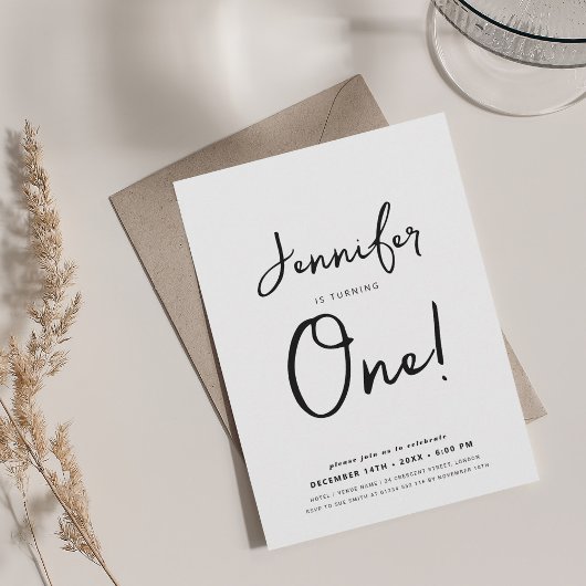 Invitation Moderne minimaliste 1er anniversaire Script noir e