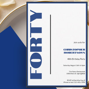 Invitation Moderne Minimaliste 40e Anniversaire Bleu et Noir